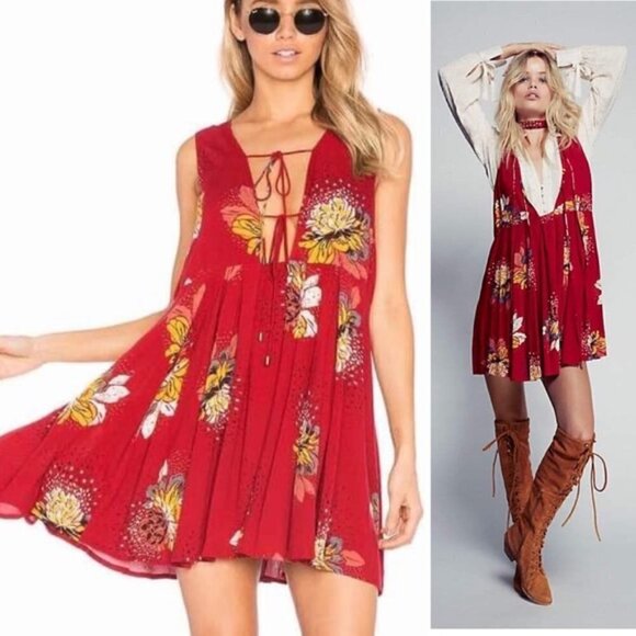 Free People Mini Floral Dress Red Tunic Babydoll Flowy XS - Picture 1 of 10